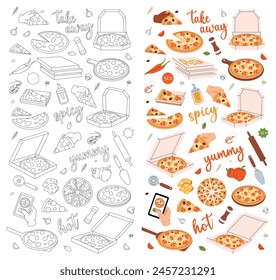 Set de pizza tradicional. Comida rápida italiana fresca. Menú café restaurante. Pizza italiana entera y en trozos. Ilustración vectorial.