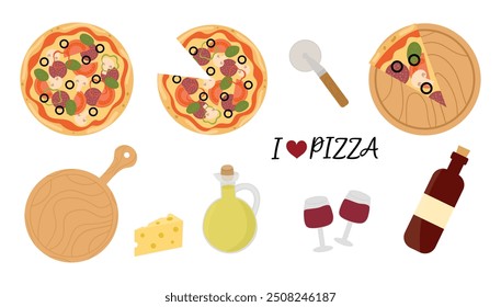 Traditional pizza set, wine, cutter, cheese, olive oil and board. I love pizza. Pizza with tomato, basil, mushrooms and salami. Whole and pieces italian pizza. Flat, vector illustration.