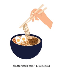 A traditional plate of ramen soup. Vector hand drawn illustration.Hand holds chinese sticks. Carton style, flat design