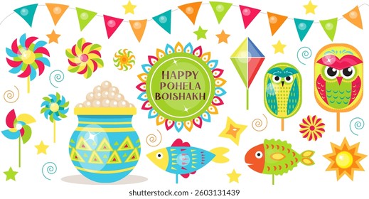 A traditional Pohela Boishakh vector set with cultural symbols, colorful decorations, and festive elements. Great for Bengali New Year posters and designs