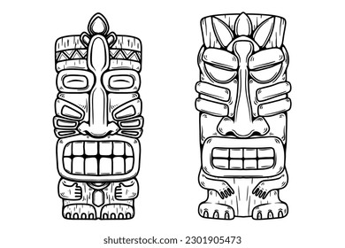 Traditional polynesian tiki idol. Illustration of tribal tiki mask. Design element for decorations. Vector illustration