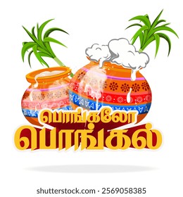 Traditional Pongal celebration design with decorated pots and sugarcane for harvest festival, vector illustrations. Translate Happy Pongal Tamil text.