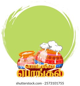 Traditional Pongal celebration design with decorated pots and sugarcane for harvest festival, vector illustrations. Translate Happy Pongal Tamil text.