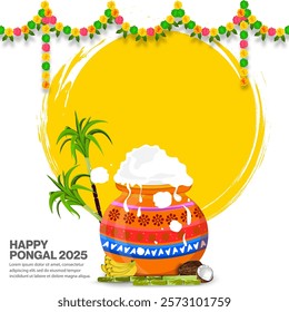 Traditional Pongal celebration design with decorated pots and sugarcane for harvest festival, vector illustrations.