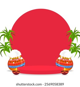 Traditional Pongal festival background with decorative pots and sugarcane vector illustration.