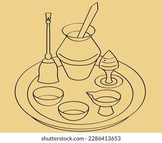 Traditional pooja thali hindu religious items for worship and celebrations. Puja thali for diwali. Vector illustration with black lines.