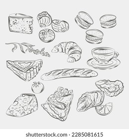 
Traditional popular French cuisine. Drawing, sketch, clipart. Vector illustration.