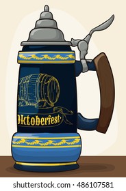 Traditional porcelain stein with a hand carved barrel design and pewter lid for Oktoberfest celebration event.