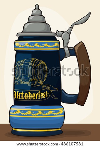 Traditional porcelain stein with a hand carved barrel design and pewter lid for Oktoberfest celebration event.