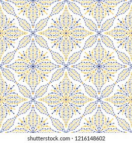Traditional Portugal azulejos inspired colorful lattice seamless pattern of dotted flowers, snowflakes, stars. Mosaic blue, yellow, orange dots. Floral print of beads in trellis. Vector Illustration