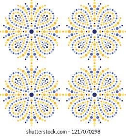 Traditional Portugal azulejos inspired colorful lattice seamless pattern of dotted flowers, snowflakes, stars. Mosaic blue, yellow, orange dots. Floral print of beads in trellis. Vector Illustration