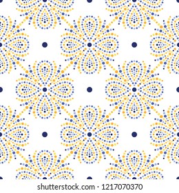 Traditional Portugal azulejos inspired colorful lattice seamless pattern of dotted flowers, snowflakes, stars. Mosaic blue, yellow, orange dots. Floral print of beads in trellis. Vector Illustration