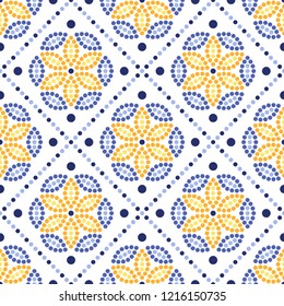 Traditional Portugal azulejos inspired seamless pattern for wall and floor home ceramic design. Dotted blue, yellow and orange print of beads in trellis and mosaic flowers.  Vector Illustration.