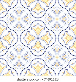 Traditionelle portugiesische Azulejos inspirierten nahtlose Muster für Wand- und Fußbodenkeramik. Blauer, gelber und orangefarbener Ausdruck von Perlen in Trellis und Mosaiktuppenblumen. Vektorgrafik.