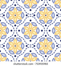 Traditional Portugal azulejos inspired seamless pattern for wall and floor home ceramic design. Dotted blue, yellow and orange print of beads in trellis and mosaic flowers.  Vector Illustration.