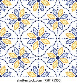Traditional Portugal azulejos inspired seamless pattern for wall and floor home ceramic design. Dotted blue, yellow and orange print of beads in trellis and mosaic sunflowers.  Vector Illustration.