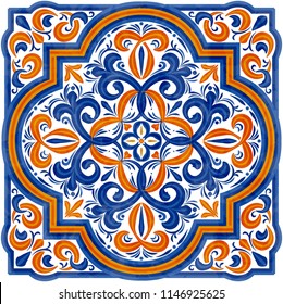 Azulejos tradicionais Portugal azulejos na cor azul e amarela. Padrão de aquarela. Ilustração vetorial.