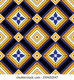 Traditional Portugal decorative azulejos inspired print for wall and floor home ceramic design. Blue, orange and yellow geometric linear tiles seamless pattern. Mosaic Background. Vector Illustration.