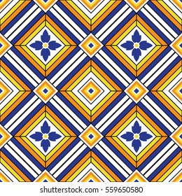 Traditional Portugal decorative azulejos inspired print for wall and floor home ceramic design. Blue, orange and yellow geometric linear tiles seamless pattern. Mosaic Background. Vector Illustration.