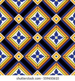 Traditional Portugal decorative azulejos inspired print for wall and floor home ceramic design. Blue, orange and yellow geometric linear tiles seamless pattern. Mosaic Background. Vector Illustration.