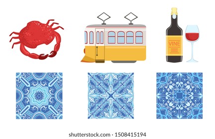 Traditional Portugal Symbols Set, Historical Signs of Lissabon, Travel to Portugal Design Elements Illustration