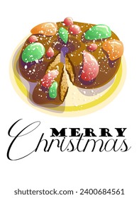 Traditional Portuguese Christmas cake Bolo Rey, Illustration in a flat cartoon style. Holiday card with the inscription Merry Christmas.  Desserts of Portugal.