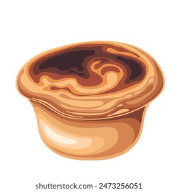 Ilustración vectorial tradicional portuguesa de tarta de huevo. Pastel de Nata o Pasteis de Belem. Tarta de natillas portuguesas y pastelería icónica de Portugal con tapa quemada y corteza escamosa