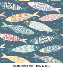 Traditional Portuguese icon. Colored sardines with optical illusion patterns. Vector illustration