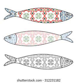 Icono tradicional portugués. Sardinas coloreadas con azulejos típicos portugueses. Ilustración del vector