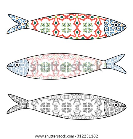 Traditional Portuguese icon. Colored sardines with typical Portuguese tiles patterns. Vector illustration
