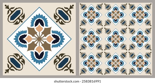 Traditional portuguese spanish moroccan mosaic ceramic, decorative ornate square azulejos mediterranean motif. Vector set of spanish and portuguese seamless wallpaper