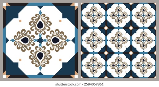 Traditional portuguese spanish moroccan mosaic ceramic, decorative ornate square azulejos mediterranean motif. Vector set of spanish and portuguese seamless wallpaper