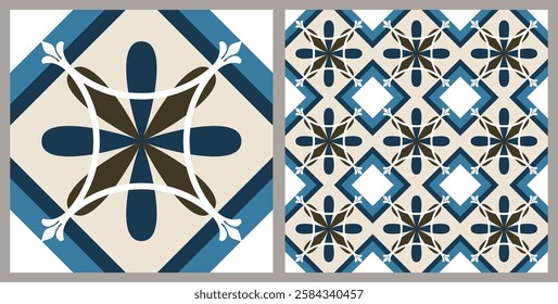 Traditional portuguese spanish moroccan mosaic ceramic, decorative ornate square azulejos mediterranean motif. Vector set of spanish and portuguese seamless wallpaper