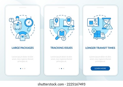 Traditional post office drawbacks blue onboarding mobile app screen. Walkthrough 3 steps editable graphic instructions with linear concepts. UI, UX, GUI template. Myriad Pro-Bold, Regular fonts used