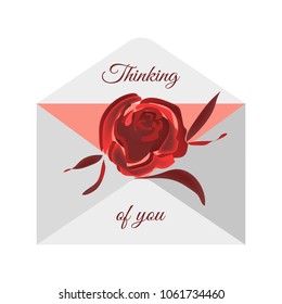 Traditional postal envelope with romantic wish. Image of flowers of roses and hearts. Vector drawing for the design of messages, cards, wishes.