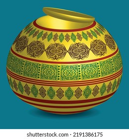 Traditional pottery illustration with floral elements. Earthen pot for holding water with the lid.