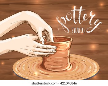 traditional pottery making, close up of potter's hands shaping a bowl on the spinning wheel by red clay; hand drawn vector illustration of process making crockery, earthenware in sketch style