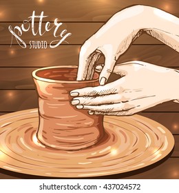 traditional pottery making, close up of potter's hands shaping a bowl on the spinning wheel by red clay; hand drawn vector illustration of process making crockery, earthenware in sketch style