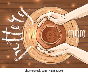 traditional pottery making, hands shaping a bowl on the spinning wheel by red clay; hand drawn vector illustration of process making crockery, earthenware