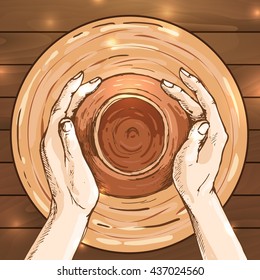 traditional pottery making, hands shaping a bowl on the spinning wheel by red clay; hand drawn vector illustration in sketch style of process making crockery, earthenware