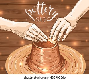 traditional pottery making, hands shaping a bowl on the spinning wheel by red clay; hand drawn vector illustration of process making crockery, earthenware in sketch style