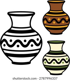 Traditional pottery vase collection featuring decorative ceramic pot vector icons with elegant tribal patterns and handcrafted artistic details. Includes black and white outline style along with colorful brown and green pottery designs. Perfect for home decor branding, handmade craft projects, cultural illustrations, boho decorations, ceramic shop logos, folk art graphics, and interior design themes. Clean modern flat vector illustration set with stylish decorative aesthetics.