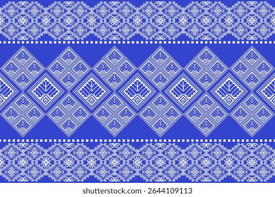 Traditional Praewa fabric pattern inspired by Thai textile culture, designed in geometric pixel art style. Features symmetrical diamond shapes and floral motifs in blue and white tones. Ideal for seam
