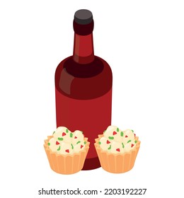 Traditional product icon isometric vector. Bottle belgian beer and cupcake icon. National food and drink