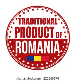 Traditional product of Romania grunge rubber stamp on white background, vector illustration