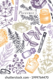 Traditional Provence herbs design. Hand-sketched aromatic and medicinal plants template. For cosmetics, perfumery, soap, candle making. Can be used as a label, packaging, card, invitation, flyer.