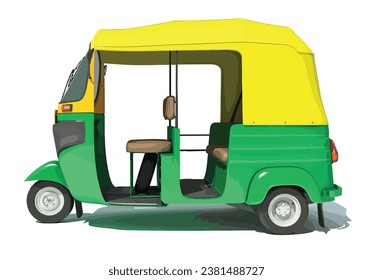 traditional public city taxi tuk tuk cab car transport India trip 3d cart model auto road Asia logo icon side view green yellow small  sign symbol template vector design
