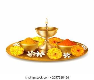 Traditional puja thali - plate for ritual ceremony with kumkum, haldi or turmeric powder, flowers and diya (oil lamp). Hindu sacral element for worshipping God. Vector illustration.