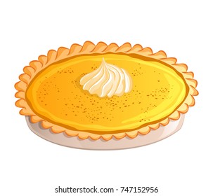 Traditional pumpkin pie with whipped cream. Icon isolated on white background. Autumn, Thanksgiving theme. Vector illustration. Usable for design greeting card, banner, invitation, poster.