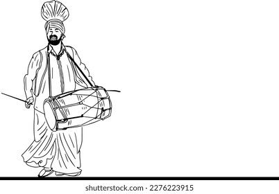 Traditional Punjabi Man Playing Dhol Sketch Drawing, Hand-Drawn Sketch of Punjabi Man in Traditional Dress, Punjabi Man Playing Dhol in Traditional Attire Sketch